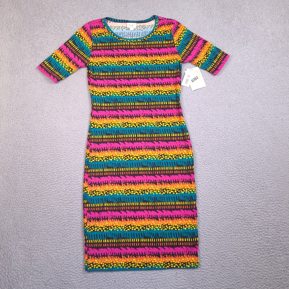 LuLaRoe Julia Sheath Dress XS NWT Multi Color Geometric Stripe Short Sleeve Midi